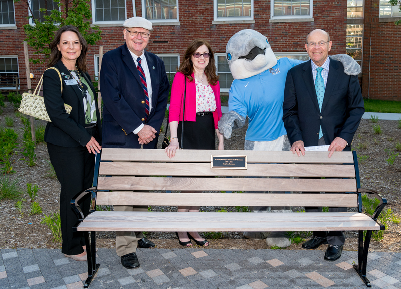 Pictured left to right: Cheryl Adolph, President William J. Fritz, Jennifer Lynch, Danny the Dolphin and Jay Chazanoff at inaugural bench dedication on 6/4/19.