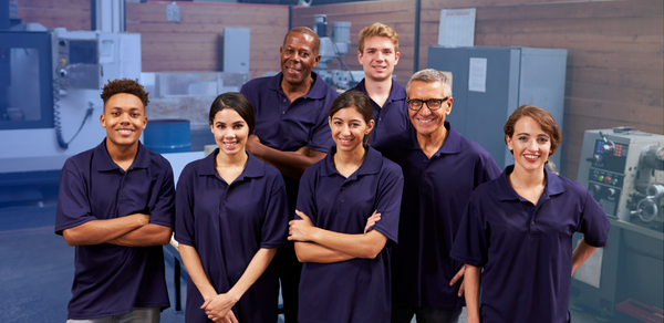 Group of male and female employees smiling wearing matching blue polos in commercial setting