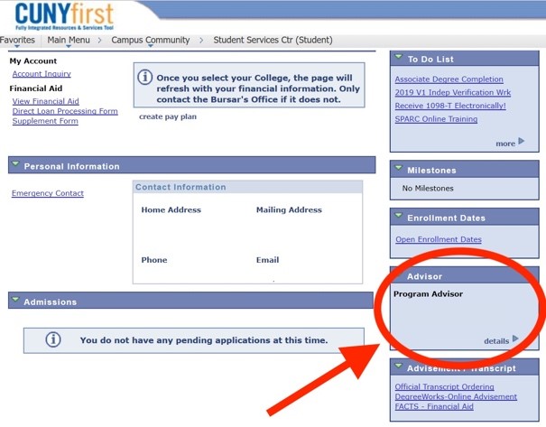 CUNYfirst screen highlighting location of advisor panel