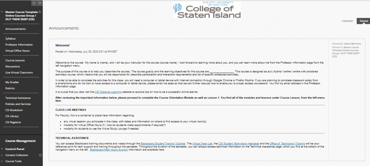 Welcome page in Blackboard course template