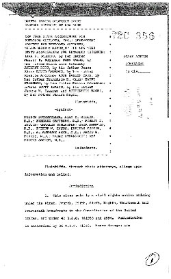 Cover page for the class-action lawsuit that led to the Consent Judgement in 1975, listing the plaintiffs, made up of advocacy organizations and individual residents with their guardians. 