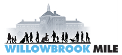 The logo of the Willowbrook Mile shows sixteen human figures of varying physical abilities silhouetted against the now-demolished Willowbrook Building 2 as they traverse the Mile together. Along the bottom of the logo are the words “Willowbrook Mile.” 