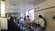 A group of people standing in a room with plants