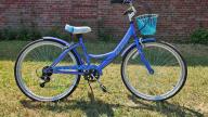 A blue cruiser bike with white rims, gears and no handbreaks 