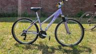 A pink Schwinn brand mountain bike with 21 gears