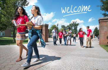 Picture of CSI students walking on campus with a "Welcome" graphic in the sky Picture of CSI students walking on campus with a "Welcome" graphic in the sky