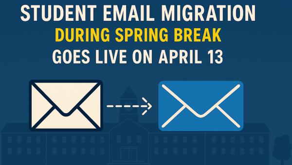 Illustration showing a student email system migration. An old email icon on the left points to a new email icon on the right.
