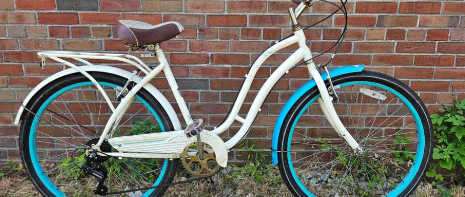13. Cruiser A white cruiser bike with handle brakes and back storage