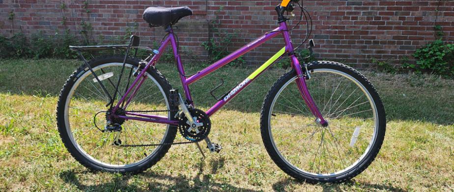 A purple Diamond brand mountain bike with a cupholder and back storage