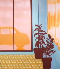 Painting of an interior room with patterned yellow tile floor, two potted plants silhouetted in dark brown, and sheer orange curtains glowing in sunlight. Through large window panes, the hazy orange silhouette of a car is visible against a pink background, blending indoor and outdoor space with bold, graphic shapes.
