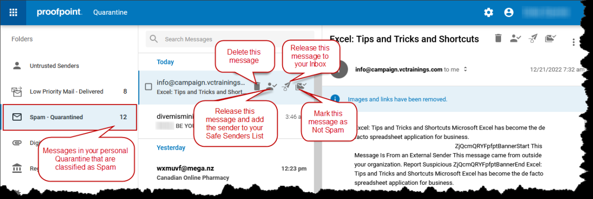 ProofPointDashboard ProofPointDashboard options to handle spam , delete, release, report