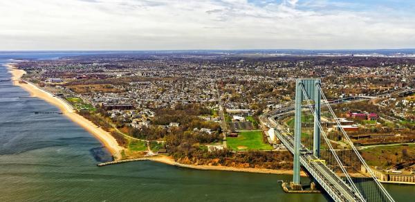 Aerial Shot of the Verrazano Bridge Looking Toward Staten Island