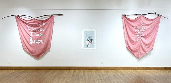 Handmade flags with text installed as part of Body Politics exhibition