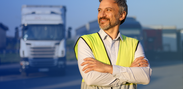 Man smiling in yellow hazard vest in front of group of semi-trucks in parking lot