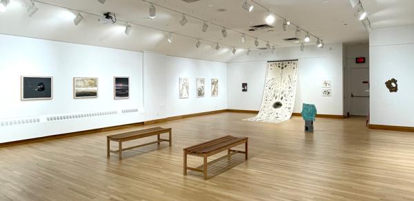 View of artworks installed in a gallery; on the center of the floor are two wooden benches; on the wall to the left are three framed photographs; on the center of the back wall is a large canvas installed from the top of the wall and it drapes all the way to the floor in a curve, the image is a collection of black shapes; on the sides of this piece are framed artworks.