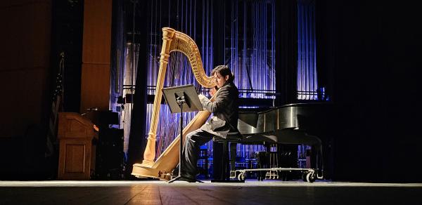 Person Playing a Large Harp On Stage