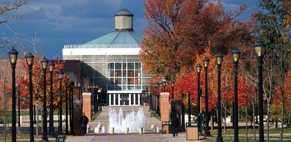 The campus center at CSI with the fountain in the foreground