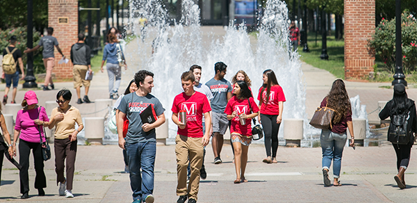 students by fountain