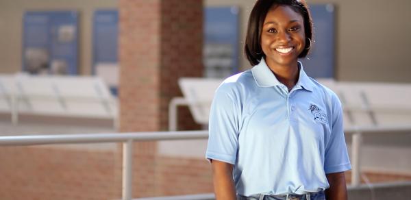 CSI virtual open houses, female student in blue shirt