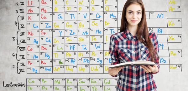 Student standing in front of picture of the periodic table