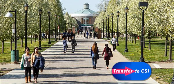 View of alumni walk on campus with a "Transfer to CSI" graphic