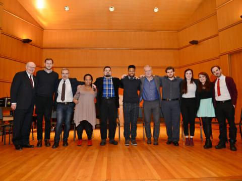 Tournées Film Festival, 2016 Gathering in the Center for Performing Arts (from left to right) President William Fritz and the Head of Film, TV, and New Media at the French Embassy, Mathieu Fournet, and CSI students.