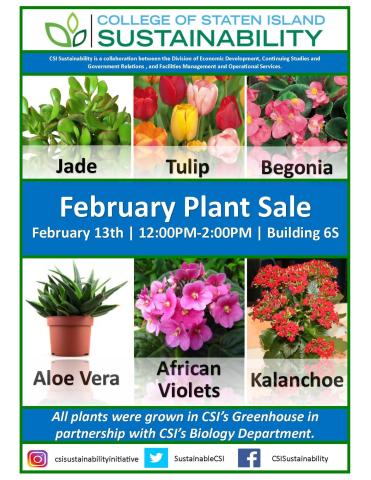 February Plant sale flyer was used for the event showing pictures of Jade, Tulip, Begonia, Aloe Vera, African Violets and Kalanchoe grown in our on-campus greenhouse by our students. All plants sold in the CSI’s Greenhouse in partnership with CSI‘s Biology Department.