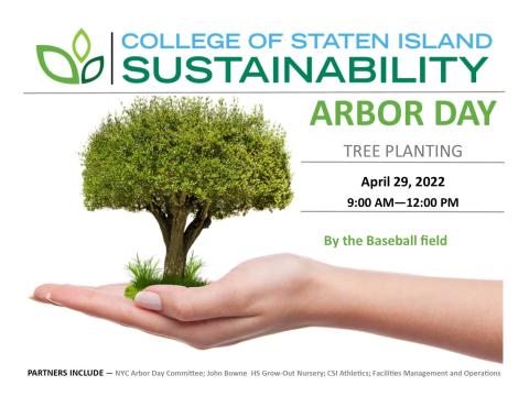 Arbor Day Tree Planting April 29th, 2022 9 AM to 12 PM by the baseball field. The flyer shows a hand across horizontally on the bottom of the flyer with the tree in its palm. 