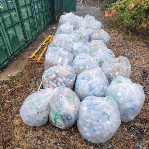 Sorted bottles in clear bags are  ready for pick up. 