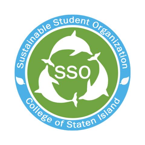 Logo of Sustainable Student Organization at the College of Staten Island. Blue circle logo frames a green circle with three white dolphins in a shape of the recycling logo circling SSO.