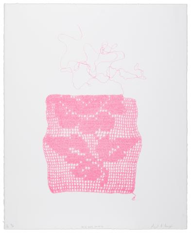 Art Gallery Spring 2024 unfinished pink crochet doily unravelling