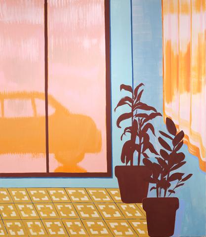 Painting of an interior room with patterned yellow tile floor, two potted plants silhouetted in dark brown, and sheer orange curtains glowing in sunlight. Through large window panes, the hazy orange silhouette of a car is visible against a pink background, blending indoor and outdoor space with bold, graphic shapes.
