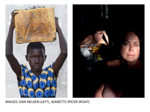 left (young woman) A young African girl stands facing the camera, holding a large, rusted yellow container above her head. She wears a vibrant blue and yellow patterned dress, and her expression is calm yet intense. The background is neutral, drawing focus to her strength and presence.  right:  A dimly lit photograph showing two figures in partial light. In the background, a person with light skin and green eyes leans on a table scattered with food, including bananas, gazing directly at the camera. In the f