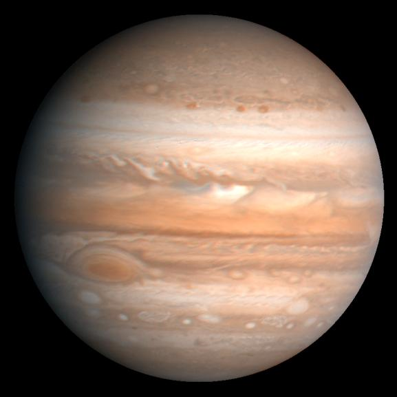 JUPITER FROM SPACE WITH GREAT RED SPOT AND COLORFUL ATMOSPHERIC WEATHER PATTERNS